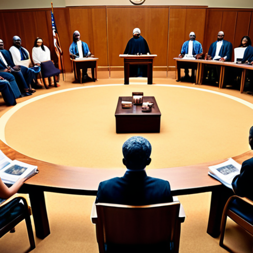 **Prompt:** A courtroom scene transforming into a community mediation circle, illustrating the shift from traditional justice to restorative justice. Include elements of both systems: gavels and legal books fading into images of community members in dialogue, emphasizing healing and reconciliation, warm lighting, diverse group.