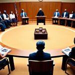 **Prompt:** A courtroom scene transforming into a community mediation circle, illustrating the shift from traditional justice to restorative justice. Include elements of both systems: gavels and legal books fading into images of community members in dialogue, emphasizing healing and reconciliation, warm lighting, diverse group.