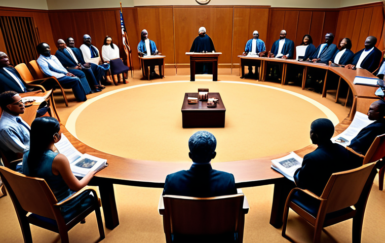 **Prompt:** A courtroom scene transforming into a community mediation circle, illustrating the shift from traditional justice to restorative justice. Include elements of both systems: gavels and legal books fading into images of community members in dialogue, emphasizing healing and reconciliation, warm lighting, diverse group.
